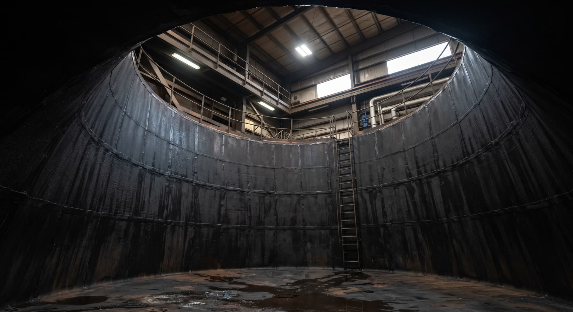 Interior of a large chemical tank protected with industrial rubber lining
