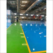 Blue and green epoxy factory floor with safety markings