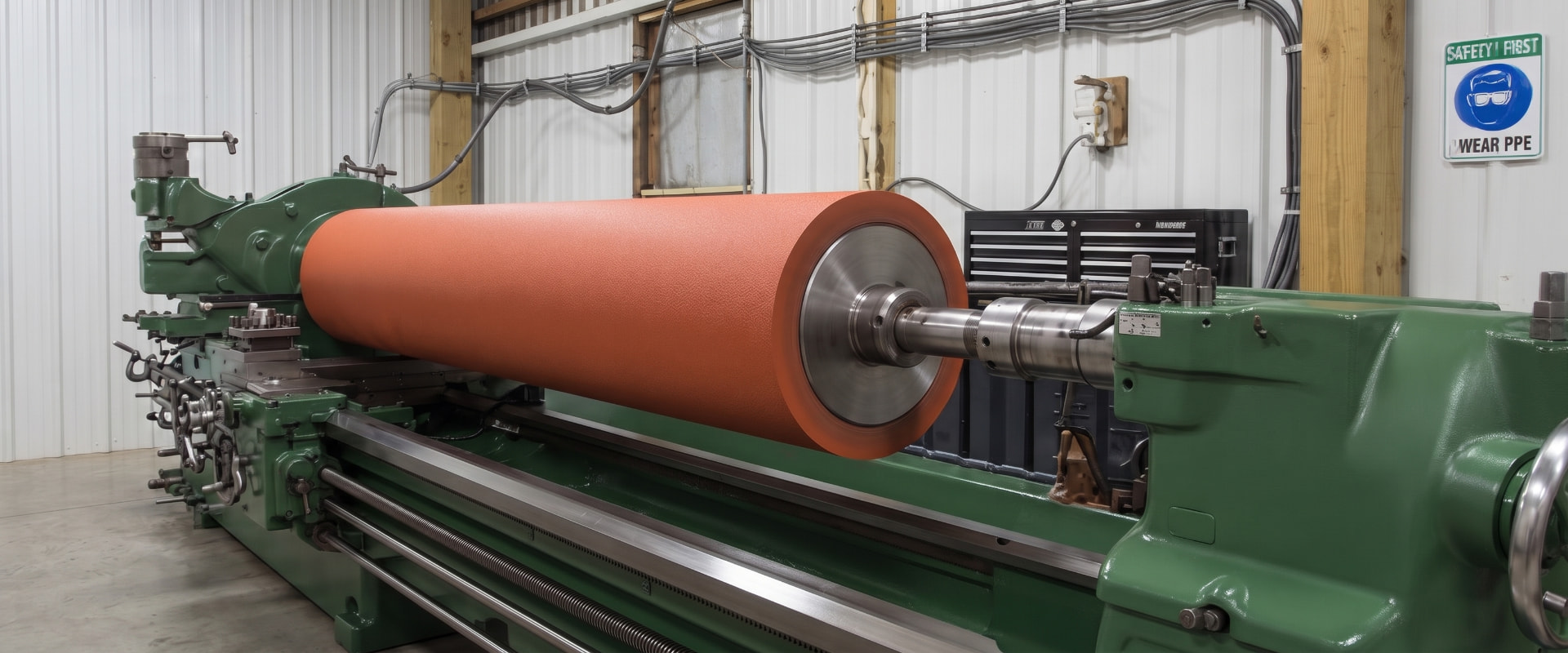 Industrial rubber roller being precision finished in a workshop