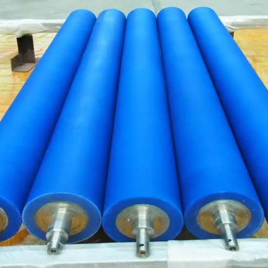 Blue rubber-coated rollers with smooth surface finish